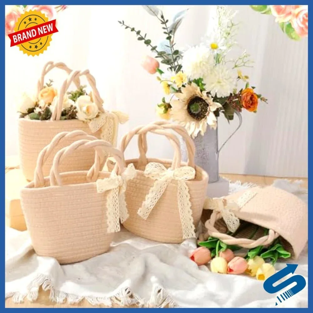 Cotton Rope Woven Tote Bag with Lace Bow Reusable Gift Bags for Weddings